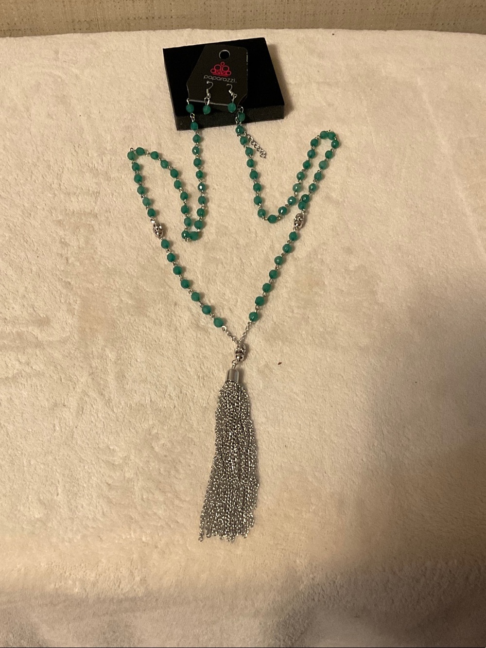 paparazzi Teal Beaded Necklace with Silver Tassel